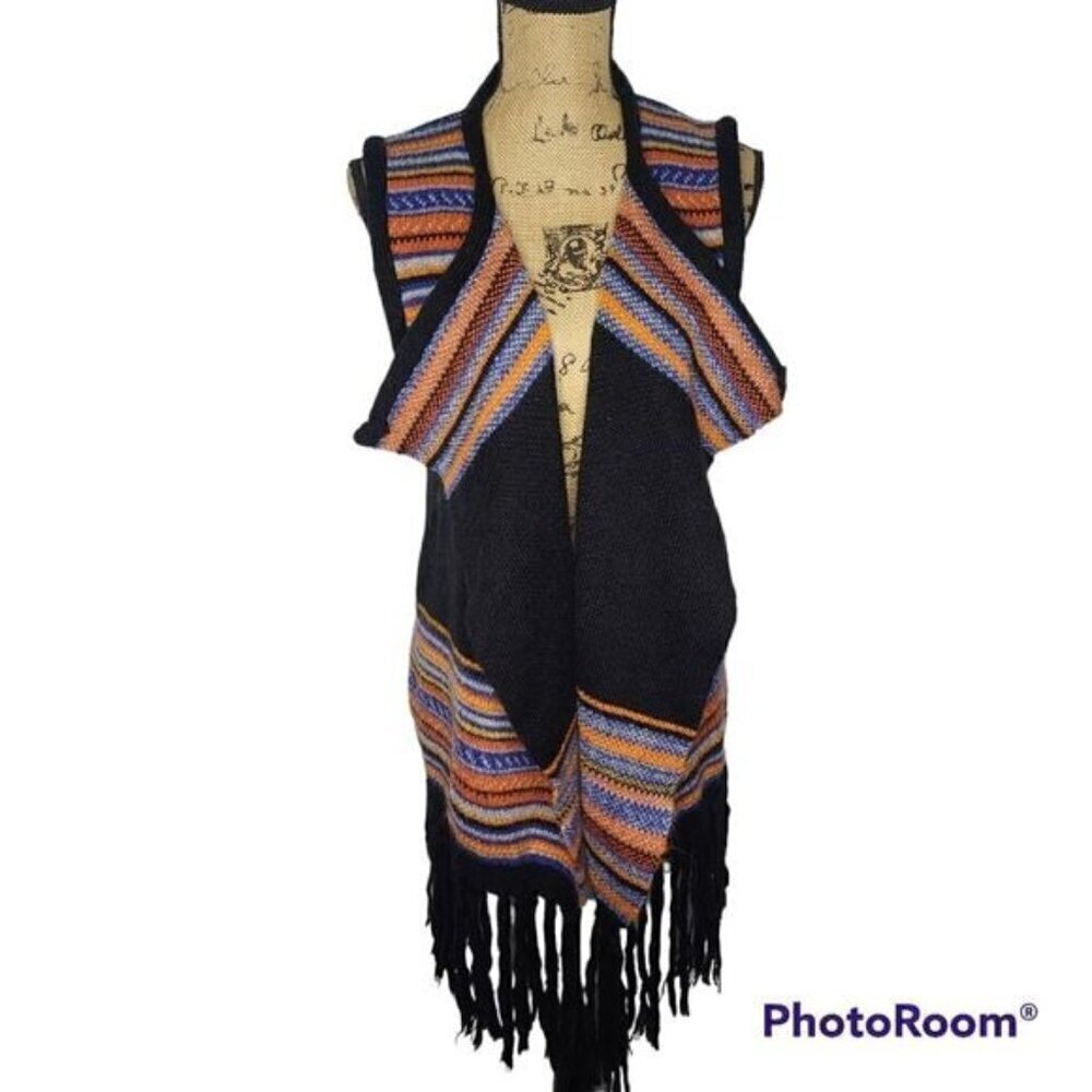 Vintage Black & Colorful Orange Blue Striped Drapey Fringe Vest